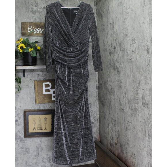 Betsy & Adam Dresses & Skirts - Betsy & Adam Ruched Surplice V Neck Long Sleeved Dress Black / Silver 16